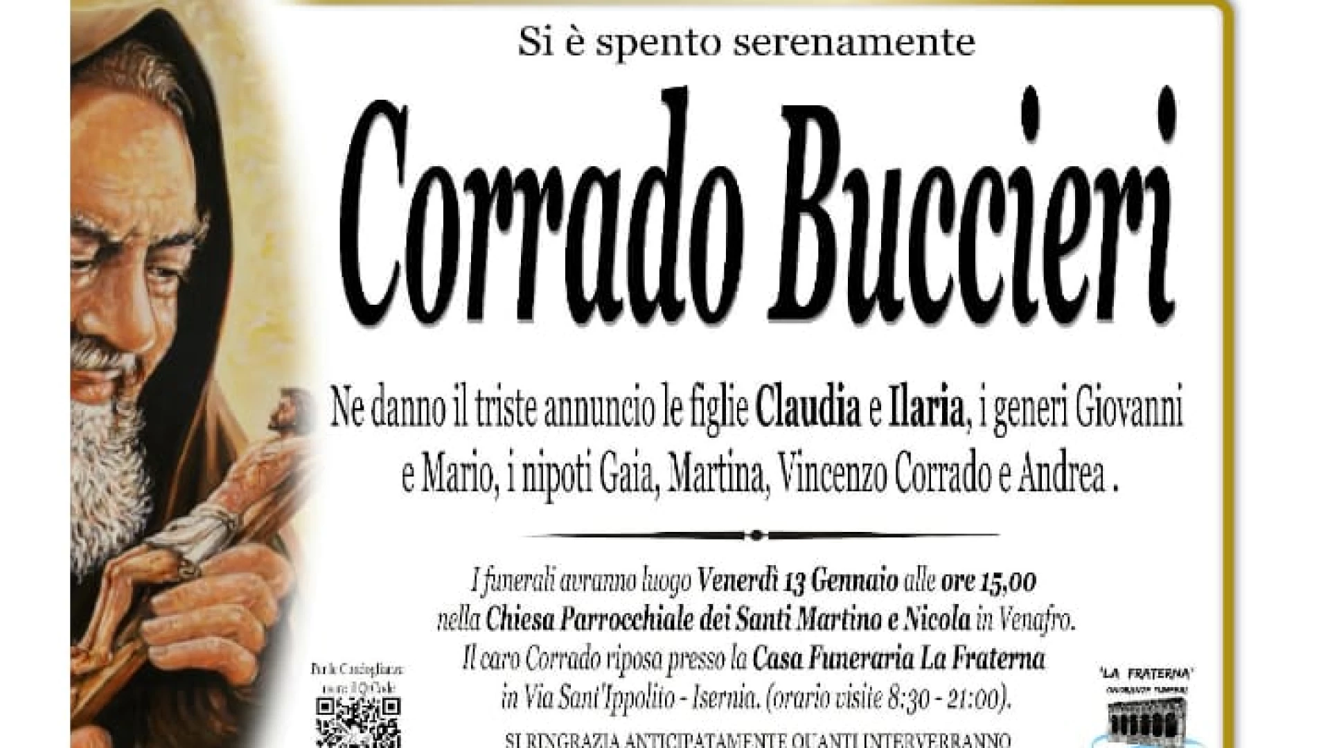 Venafro: domani l’ultimo saluto a Corrado Buccieri. Era stato fondatore e direttore del cartaceo “Il Volturno”.